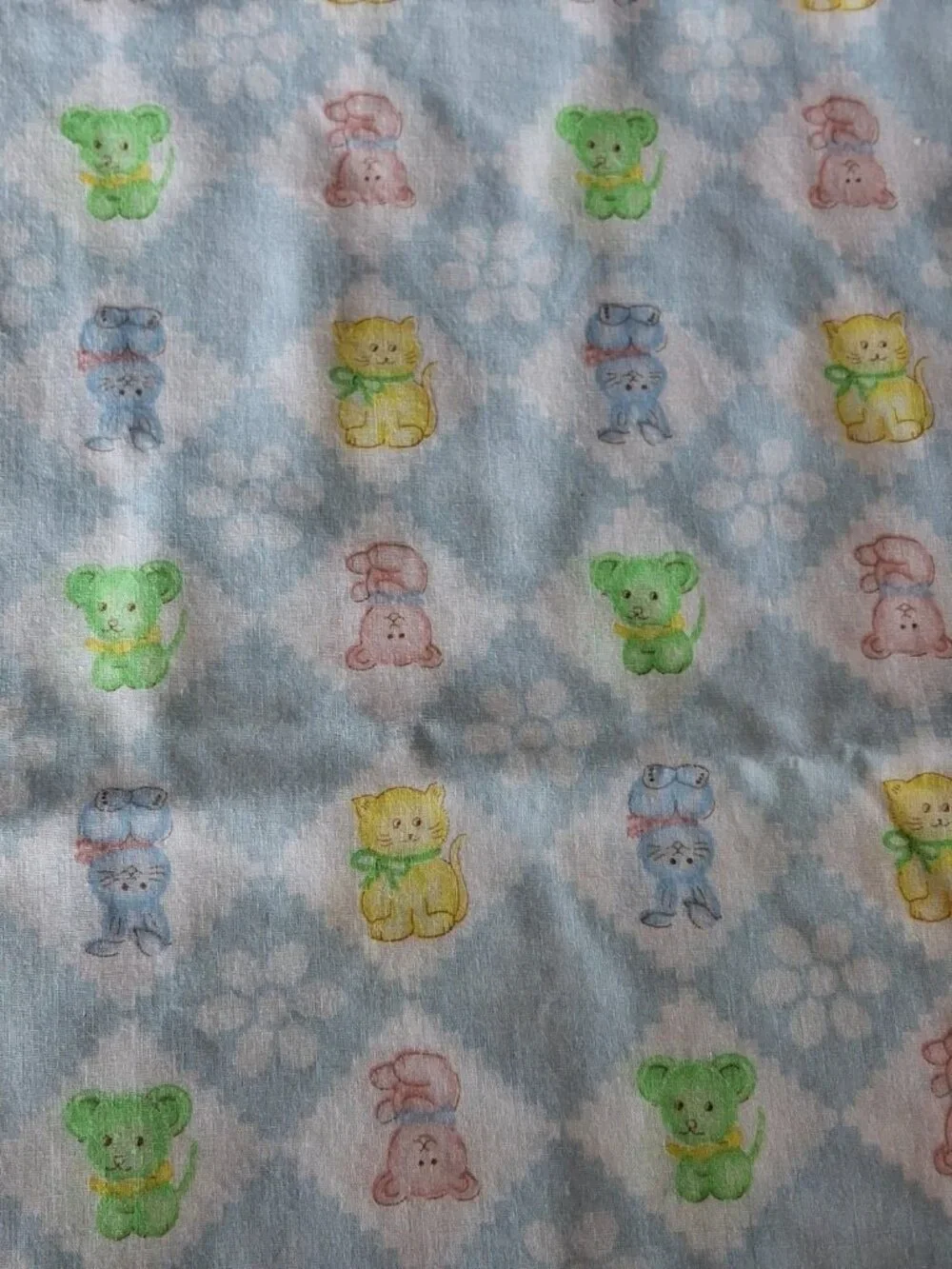 Vintage Blue Checkered Square Baby Animals, Kitschy, Cotton fabric-1.5 yd x44